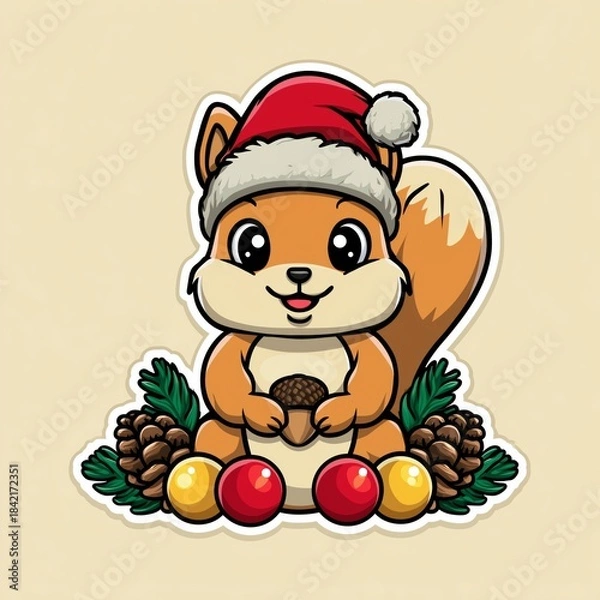 Obraz Cute Christmas squirrel sticker with Santa hat and acorn, vector illustration