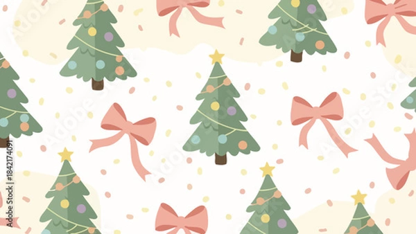 Obraz Festive Christmas Tree and Pink Bow Seamless Vector Pattern with Confetti