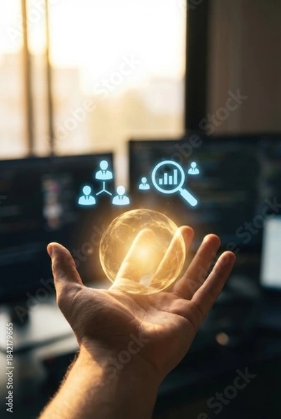 Obraz A hand holds a glowing orb symbolizing data analysis and digital future