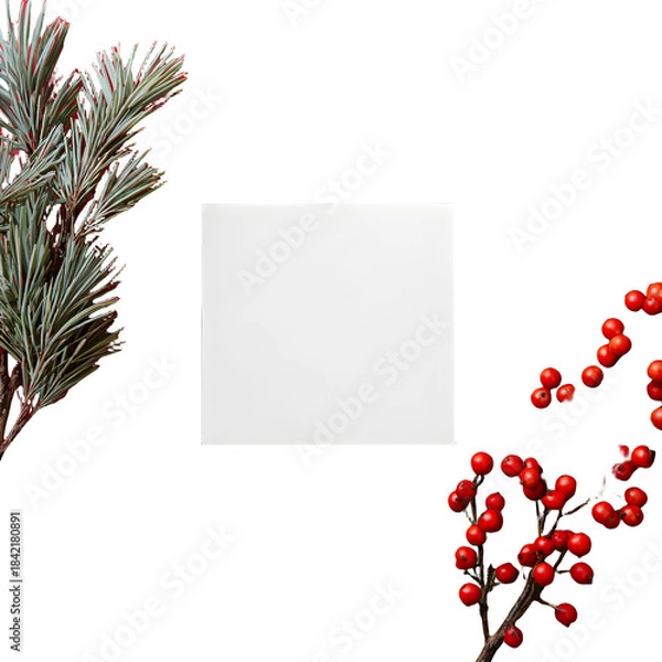 Fototapeta Blank white square card mockup framed by winter pine needles and bright red holiday berries on black