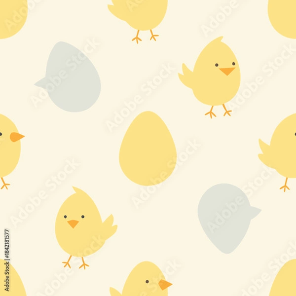 Fototapeta Cute seamless pattern with cartoon yellow chicks and simple easter eggs