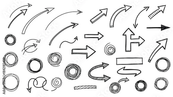 Fototapeta Collection of diverse hand drawn sketchy arrows and circular shapes