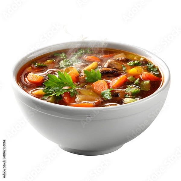 Fototapeta Steaming hot bowl of rich vegetable and mushroom soup garnished with fresh parsley