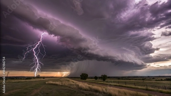 Fototapeta Nature's Fury: A dramatic display of raw power as a colossal thunderstorm unleashes its electric fury across the vast, open plains. The sky churns with dark clouds, punctuated by bolts of lightning.