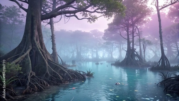 Fototapeta Mystical Waters and Ancient Trees: A serene landscape unveils a tranquil river meandering through an enchanted forest of towering trees with exposed roots.