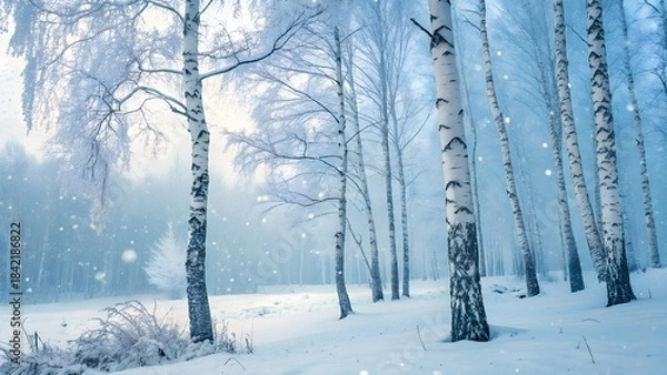 Fototapeta Serene Snowy Birch Forest: A tranquil winter scene unfolds as pristine snow blankets a forest of slender birch trees. The air shimmers with falling snowflakes, conveying the magic of winter.