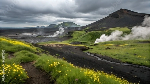 Fototapeta A stunning summer view of the green mountain landscape reflected in a calm lake under a cloudy sky