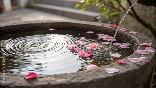 Fototapeta Blue garden architecture with flowers in a pot near a water target