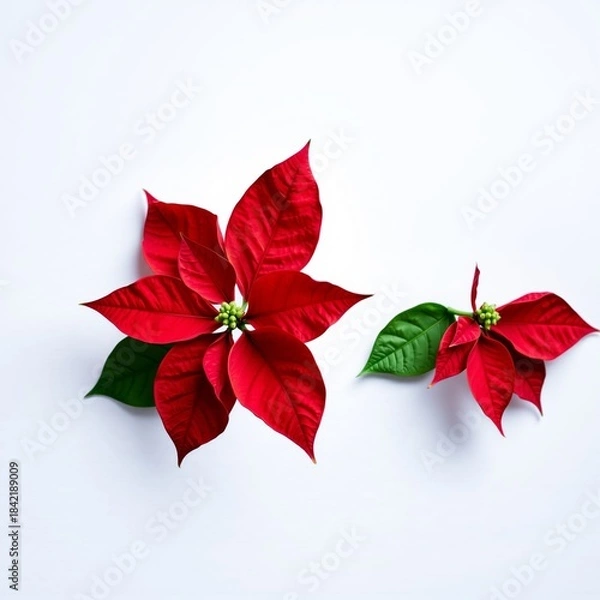 Obraz Two vibrant red poinsettia flowers with green centers resting on a clean minimalist on white background