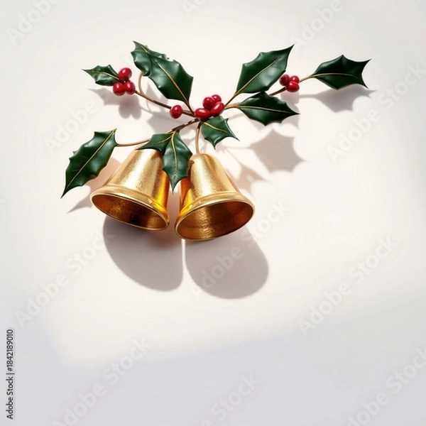 Obraz Golden jingle bells hang beneath vibrant holly leaves and bright red berries against a on white background