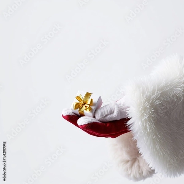 Obraz Santa Claus gloved hand offering a tiny white gift box with a shiny gold ribbon against on white background