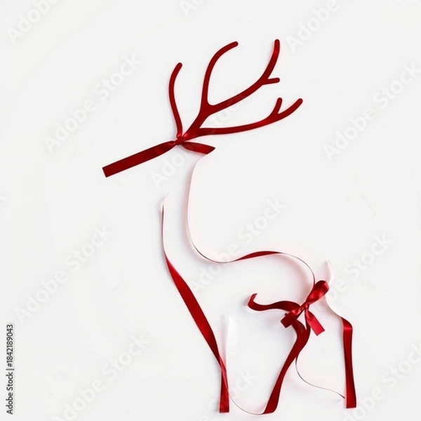 Obraz Minimalist red ribbon art creatively forms a reindeer silhouette against a clean bright for christmas on white background
