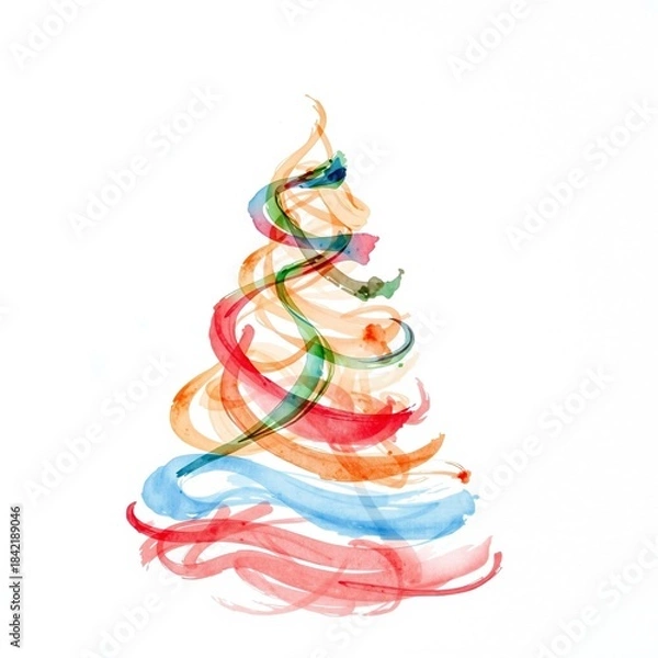 Obraz Abstract watercolor brushstrokes form a vibrant colorful Christmas tree shape on a clean on white background