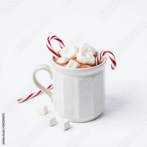 Obraz Creamy hot chocolate topped with marshmallows and candy canes served in a white mug against on white background