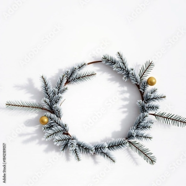 Obraz Minimalist frosted pine wreath with gold ornaments centered on a bright for holiday design on white background