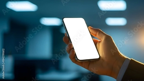 Obraz Close up of a person s hand holding a modern smartphone with a blank white screen in a dimly lit office environment.