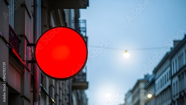 Obraz Bright red circular illuminated sign glowing against a twilight sky and urban cityscape background.