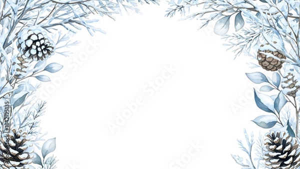 Fototapeta Elegant frosted winter botanical frame with icy leaves and soft blue tones, perfect for seasonal invitations, greeting cards, and peaceful holiday design projects