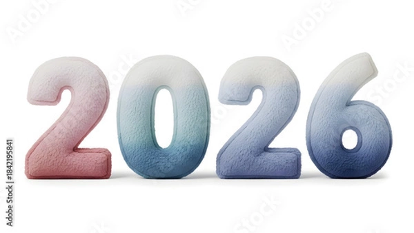 Fototapeta Bold metallic 3D 2026 typography with soft gradients and modern styling, perfect for New Year celebration graphics, posters, banners, and digital artwork