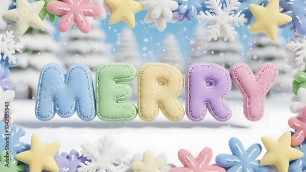 Fototapeta Pastel-colored Merry text surrounded by soft decorative holiday patterns, ideal for cheerful seasonal cards, banners, posters, and festive illustrations