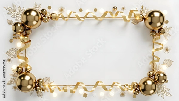 Fototapeta Luxurious golden ornament frame decorated with shiny baubles and sparkling lights, ideal for elegant Christmas cards, invitations, posters, and premium festive designs