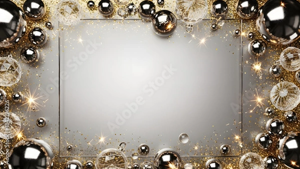 Fototapeta Luxurious golden ornament frame with shimmering highlights and reflective baubles, ideal for premium holiday cards, invitations, posters, and festive seasonal layouts