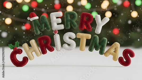 Fototapeta Bright Merry Christmas text illuminated with soft festive lights and bokeh effects, perfect for cheerful holiday cards, banners, posters, and seasonal artwork