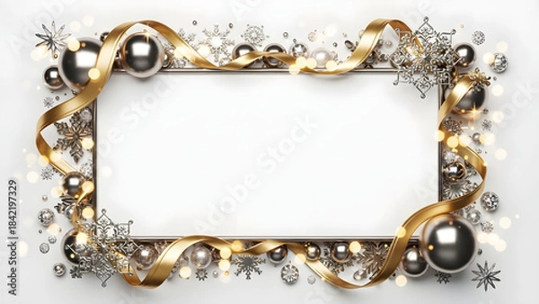 Fototapeta Elegant gold holiday ornament frame with luxurious baubles and sparkling highlights surrounding a clean white center, perfect for invitations and festive design layouts