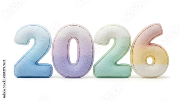 Fototapeta Soft sky-blue 2026 text with fluffy clouds and floating festive decorations, perfect for New Year greeting cards, posters, banners, and cheerful seasonal artwork