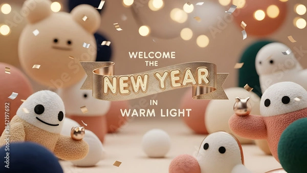 Fototapeta Warm and festive New Year celebration scene featuring cute plush characters, golden ribbon typography, falling confetti, and soft glowing lights in a cozy atmosphere