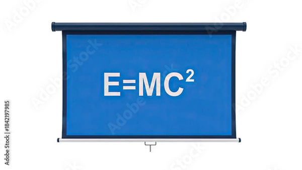 Obraz A blue projection screen displays the iconic equation E=MC^2 in white text on a transparent background