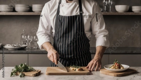 Fototapeta Chef preparing food in a professional kitchen, culinary expertise.