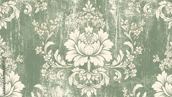 Fototapeta Vintage Floral Pattern on Distressed Green Background, Elegant Damask Design with Beige Flowers and Leaves