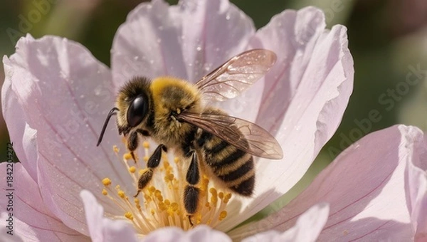 Fototapeta Honey Bee Pollinating a Pink Flower in a Garden.