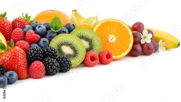 Fototapeta Assorted Fresh Fruits Including Berries, Citrus, and Tropical Fruits on White Background for Healthy Eating Concepts