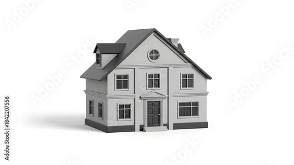Fototapeta 3D rendering of a modern two-story house model with gray exterior and black roof on white background.