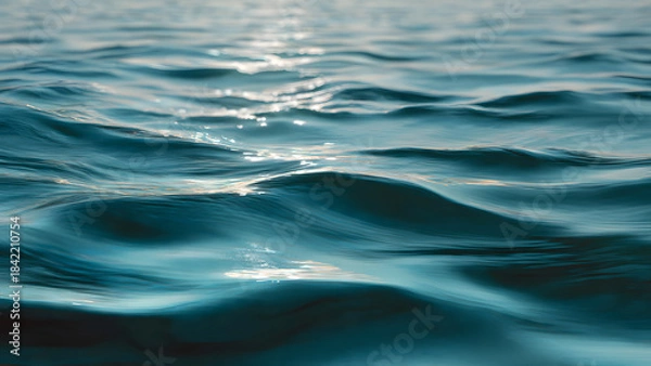 Fototapeta Calm ocean waves with sunlight reflection on surface, serene blue water texture, natural peaceful aquatic scene.