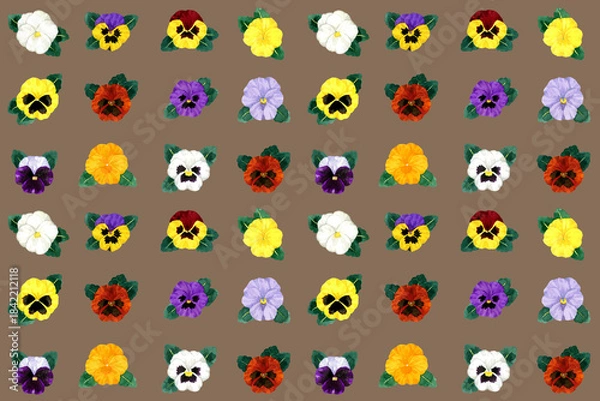 Fototapeta カラフルなパンジーのシームレスパターン　手描き水彩イラストの花柄