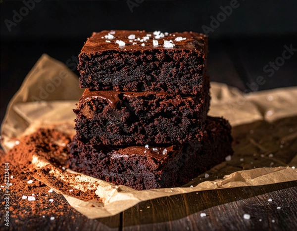 Fototapeta Rich Dark Chocolate Brownie Stack with Bite Taken on Crumpled Paper