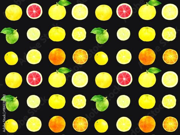 Obraz フレッシュな柑橘類のシームレスパターン　手描き水彩イラストの果物柄
