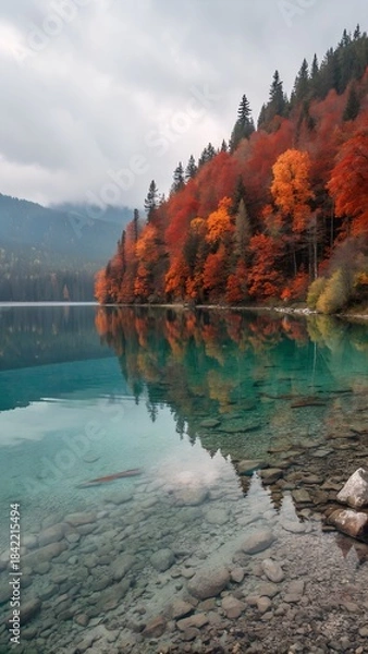 Fototapeta Autumn Lake and Forest: A serene landscape showcases the vibrant colors of autumn foliage reflected in the tranquil waters of a clear lake. The scene evokes a sense of peace and natural beauty.