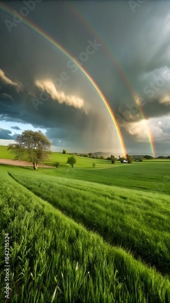 Fototapeta Double Rainbow over Rolling Green Landscape: A captivating double rainbow graces a vibrant green field, painting a picturesque scene of hope and beauty under a dynamic sky. 