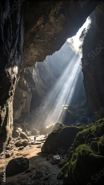 Fototapeta Celestial Grotto: A breathtaking capture of a cavern bathed in celestial light, with rays of sunlight illuminating the interior. Revealing nature's profound beauty.