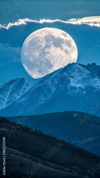 Fototapeta Majestic Moonrise over Mountain: A breathtaking panorama of nature, where the moon ascends gracefully, illuminating the rugged mountain peaks and setting the scene for a night of magic.