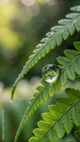Fototapeta Water Droplet on a Fern: A close-up showcases a clear water droplet delicately perched on a lush, vibrant green fern, capturing the essence of life's purity. 