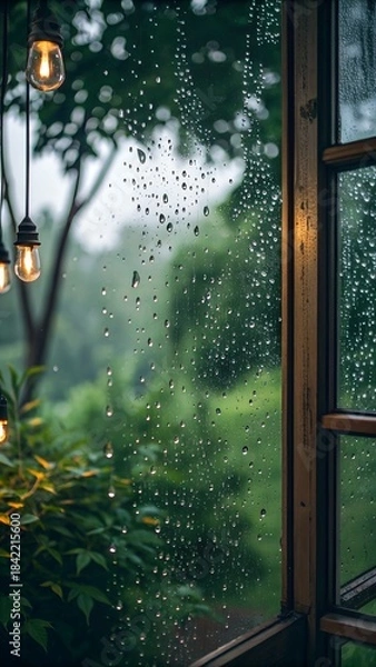 Fototapeta Rainy Day View: A serene indoor perspective, where raindrops cascade down a windowpane, blurring the verdant exterior and creating a scene of peaceful contemplation.