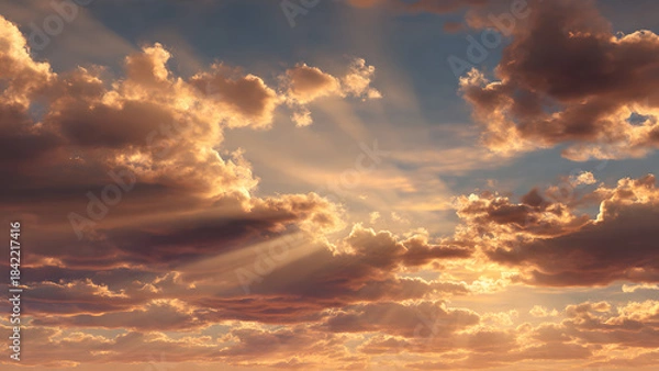 Fototapeta Breathtaking sunset with sunbeams piercing through fluffy clouds in a serene evening sky.