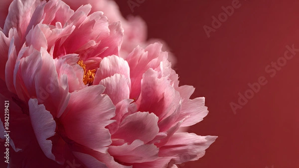 Fototapeta Vibrant Pink Peony Flower Close-up on Dark Red Background with Copy Space