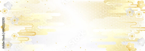 Obraz 金銀の梅の花と日本のいろいろな伝統模様を組み合わせた着物のような背景イラスト