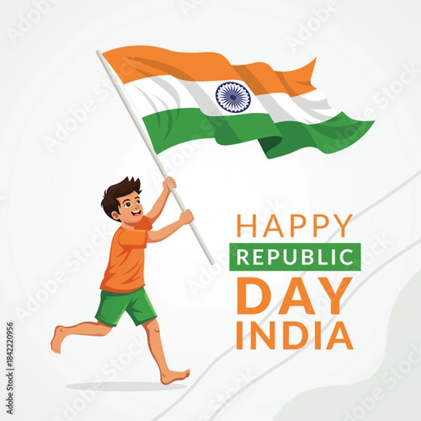 Fototapeta Happy republic day india celebration with boy waving indian flag